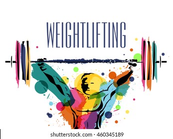 Illustration of a weight lifter man made by colorful splash on white background, Creative Poster, Banner or Flyer design for Weight Lifting Sports concept.