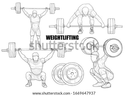 Illustration of Weight Lifting. Hand drawn set.