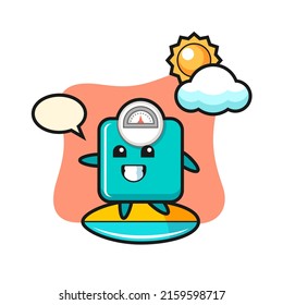 Ilustración de dibujos animados a escala de peso haciendo surf en la playa , diseño de estilo lindo para camiseta, pegatina, elemento logo