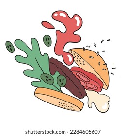 Illustration of a weightless burger with flying sauce, cutlet, cucumbers and sesame