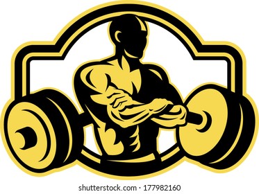 Illustration of a weightlifter with arms crossed and barbell in background viewed from front done in retro style.