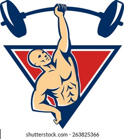 Illustration of a weightlifter bodybuilder lifting weights barbell with one hand set inside triangle done in retro style.