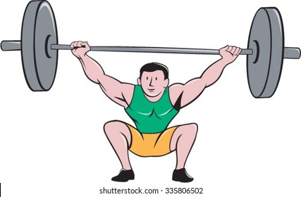 Illustration of a weightlifter deadlift lifting weights viewed from front set on isolated white background done in cartoon style.