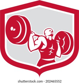 Illustration of a weightlifter lifting barbell behind shoulders back set inside shield crest shape on isolated white background done in retro style.