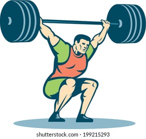 Illustration of a weightlifter lifting barbell over head on isolated white background done in retro style.