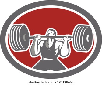 Illustration of a weightlifter lifting barbell set inside oval shape on isolated background viewed from front done in retro style.