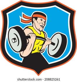 Illustration Of A Weightlifter Lifting Barbell Weights Set Inside Shield Crest Shape On Isolated Background Done In Cartoon Style. 