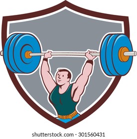Illustration of a weightlifter lifting barbell weights set inside shield crest on isolated background done in cartoon style. 