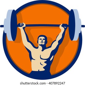 Illustration of a weightlifter lifting barbell weights with both hands viewed from front set inside circle done in retro style. 