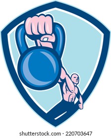 Illustration of a weightlifter lifting kettlebell with one hand set inside shield crest on isolated background done in cartoon style.