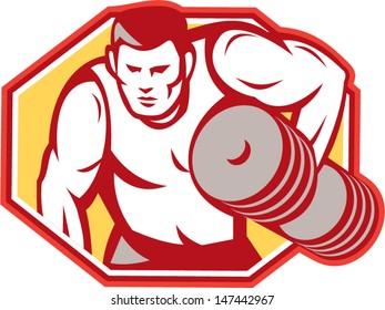 Illustration of a weightlifter lifting weights pumping iron set inside hexagon done in retro style.