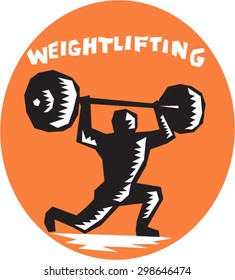 Illustration of a weightlifter lifting weights set inside oval shape with the word Weightlifting in the background done in retro woodcut style. 