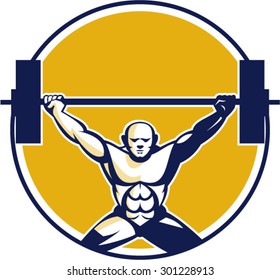 Illustration of a weightlifter lifting weights viewed from front set inside circle on isolated background done in retro style. 