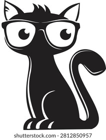 illustration of a weird nerdy cat in solid black and white