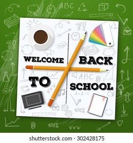 Illustration of Welcome Back to School Vector Illustration. Include Handdrawn icons, Flat Style Coffee Notepad, Graphic Tablet etc
