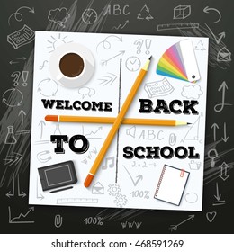 Illustration of Welcome Back to School Vector Mockup. White Notepad on Black Chalk Board with Handdrawn Icons