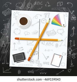 Illustration of Welcome Back to School Vector Mockup. White Notepad on Writing Chalk Board with Handdrawn Icons