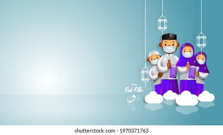 an illustration to welcome Eid al-Fitr, with 3D characters.