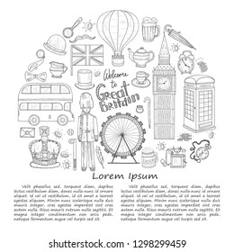  Illustration with Welcome to Great Britain hand drawn icons including Big Ben, crown, teapot, bus and others. Doodle vector UK related collection