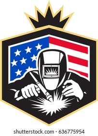 Illustration of welder arc welding viewed from front set inside shield with usa american stars and stripes flag in the background done in retro style. 