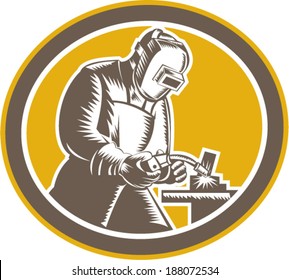 Illustration of welder fabricator worker working using welding torch viewed from side set inside oval on isolated background done in retro woodcut style.