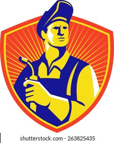 Illustration of a welder holding welding torch equipment viewed from front set inside shield with sunburst done in retro style.