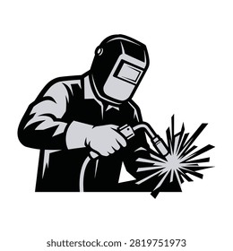 Illustration of a welder in protective gear using a torch to join metal, creating bright sparks. Suitable for industrial, construction, and manufacturing themes.