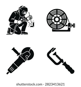 Illustration of a welder in protective gear working with welding equipment and tools including a grinder and clamp