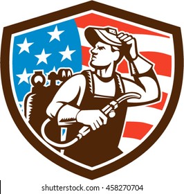 Illustration of a welder rod-holder with cable and electrode for electric arc welding and welder visor mask looking to  side with usa american stars and stripes flag in inside shield in retro style. 