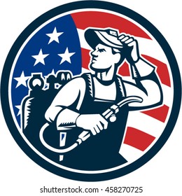 Illustration of a welder rod-holder with cable and electrode for electric arc welding and welder visor mask looking to the side with usa american stars and stripes flag  circle done in retro style. 