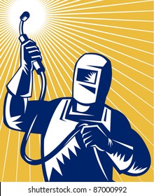 illustration of a welder welding holding up welding equipment facing front done in retro woodcut style.