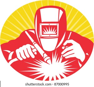 illustration of a welder welding holding up welding equipment facing front done in retro woodcut style.