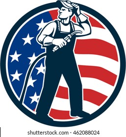 Illustration of welder worker standing with visor up looking to the side holding welding torch with tank viewed from front set inside circle with usa american stars and stripes flag  done retro style