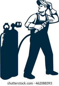 Illustration of welder worker standing with visor up looking to the side holding welding torch with tank viewed from front set on isolated white background done in retro style. 