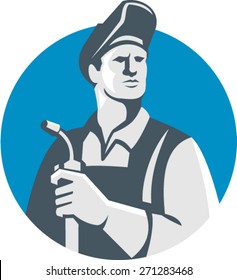 Illustration of welder worker wearing hat holding welding torch looking to the side  set inside circle on isolated background done in retro style.