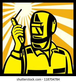 Illustration of welder worker welding torch viewed from side set inside square done in retro style.
