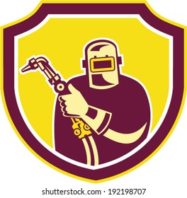 Illustration of welder worker working holding welding torch viewed from front set inside shield on isolated background done in retro style.