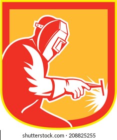 Illustration of welder worker working holding welding torch viewed from side set inside shield crest on isolated background done in retro style.