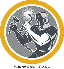 Illustration of welder worker working using welding torch holding hammer viewed from front set inside circle on isolated background done in retro style.