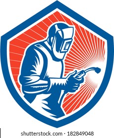 Illustration of welder worker working using welding torch viewed from side set inside shield on isolated background done in retro style.