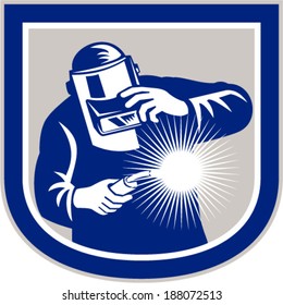 Illustration of welder worker working using welding torch viewed from front holding his visor set inside shield crest shape on isolated background done in retro style.