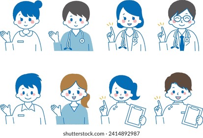 Illustration of welfare and medical workers. A pose where you are guiding or examining someone by pointing your finger.