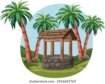 Illustration of a well under palm trees.