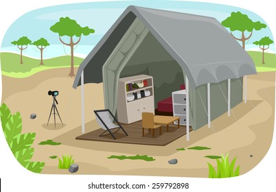 Illustration of a Well-Equipped Tent in the Middle of a Safari Park