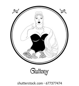 Illustration with a well-fed woman and a meal on the theme of gluttony.