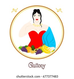 Illustration with a well-fed woman and a meal on the theme of gluttony.