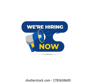 illustration of we're hiring isolated vector icon. Paper sticker for recruitment services with yellow and blue color on white background.