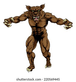 An illustration of a werewolf wolf man, or wolf sports mascot character standing with claws out