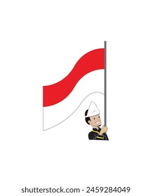 Illustration West Sumatera Indonesia male cartoon character hold Indonesia flag