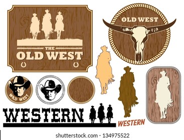 Illustration of western cowboy labels and icons, vector